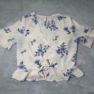 Lydelle Women's Cream with Blue Floral Print Tie Front Peplum Blouse Top Size S